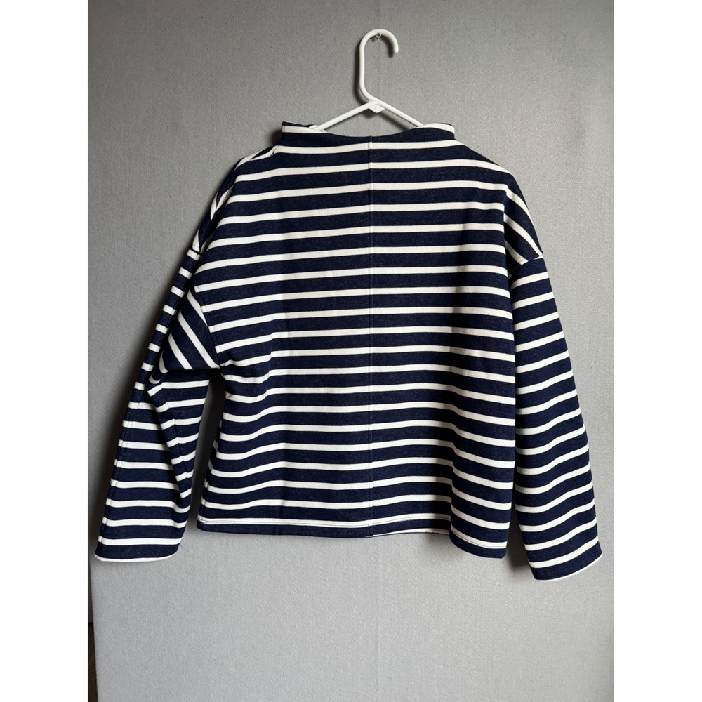 J.Crew Sweatshirt Womens M Navy Blue White Striped Mock Neck Fleece Lined Boxy - Picture 3 of 8